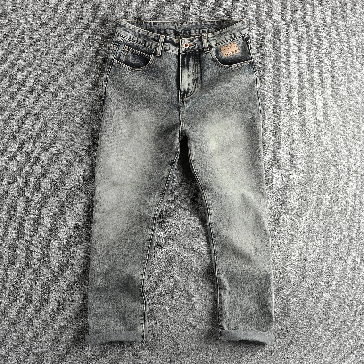 

Retro Washed Blue Grey Men's Jeans Straight Leg High Street Trend Casual Pants Youth Wear Stone Washed Floral Washed Jeans