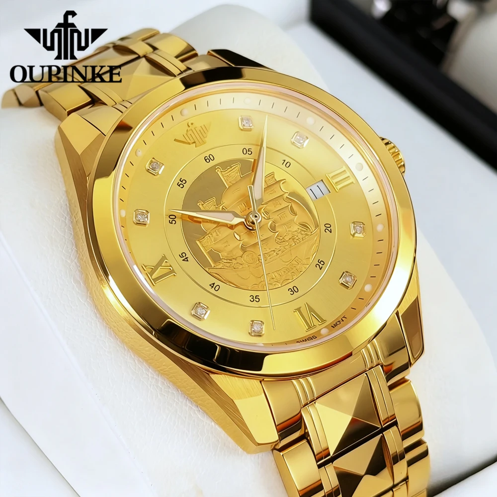 

OUPINKE Men's Watches Luxury Business Gold Original Automatic Mechanical Watch for Man Tungsten Steel Sapphire Mirror Luminous