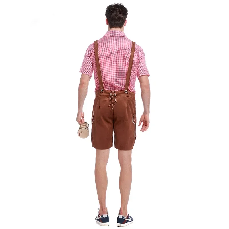 Disfraz de Lederhosen del Oktoberfest alemán para hombre, conjunto de camiseta a cuadros de manga corta con tirantes y pantalones, Festival de cerveza, Cosplay de Halloween