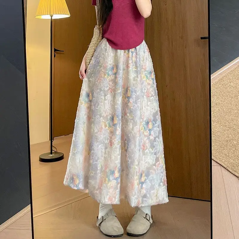 

Floral lace bud women's summer new niche design A-shaped umbrella skirt French Monet garden skirt