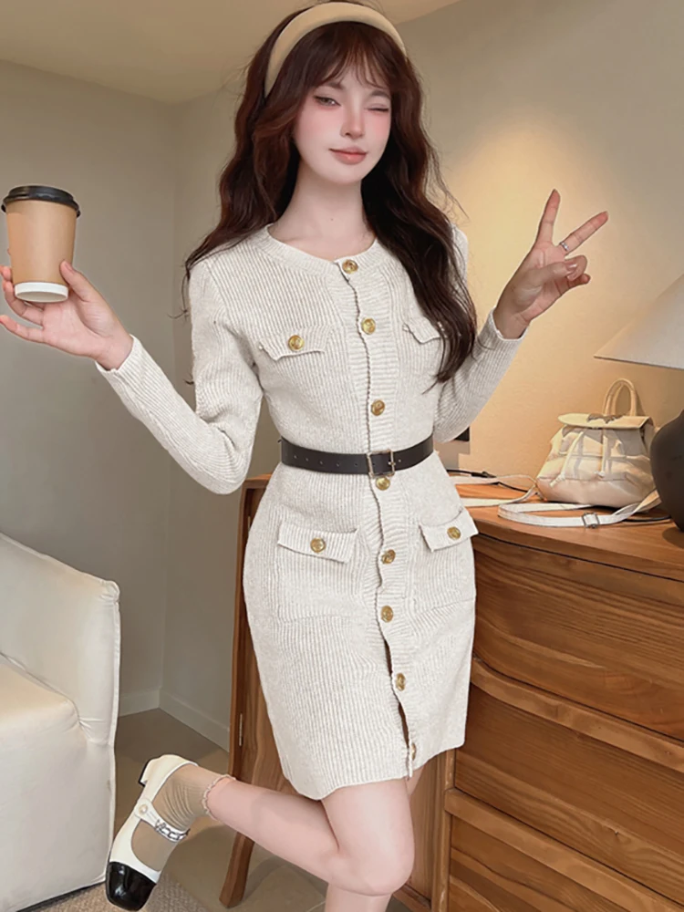 Outono inverno preto de malha único breasted mini vestido feminino elegante casual bandage vestido 2025 moda coreana chique vestidos de festa