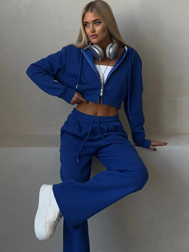 

Женский комплект из двух предметов, модный короткий свитшот с капюшоном и брюки, однотонная куртка на молнии с длинными рукавами, спортивная одежда на шнуровке