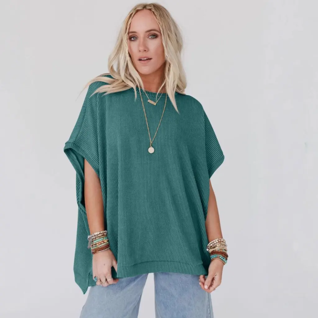 

Women's Summer Solid Color Knitted Pullover Crewneck T-shirt Oversized Bat Sleeve European And American Style Top for Women