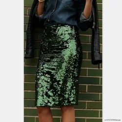 Fashion Women Spring New Solid Color Green Sequin Stitching Casual Mesh Slim Bodycon Mini Skirt Sexy Club Outfits