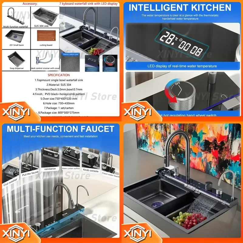 for Smart Stainless Steel Nano Step Dark Grey Sink Kitchen Temperature Display Piano Key Waterfall Kitchen Sink Without