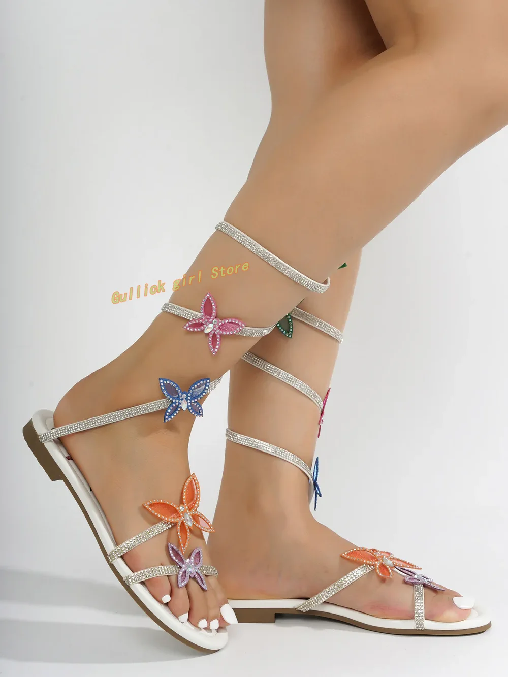 Flat Wrap-around Butterfly Decor Sandals Open Toe Crystal Fashion 2024 Summer Women Dress Shoes Twine Newest Dress Shoes