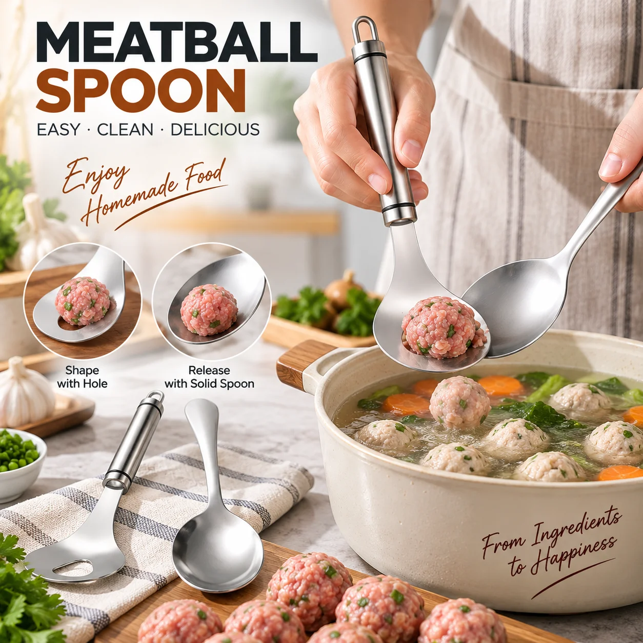 1Kit Manual Meatball Maker Spoon 304 Stainless Steel Meat Ball Squeezer Mold Fish Shrimp Ball Forming Tool Kitchen Gadget