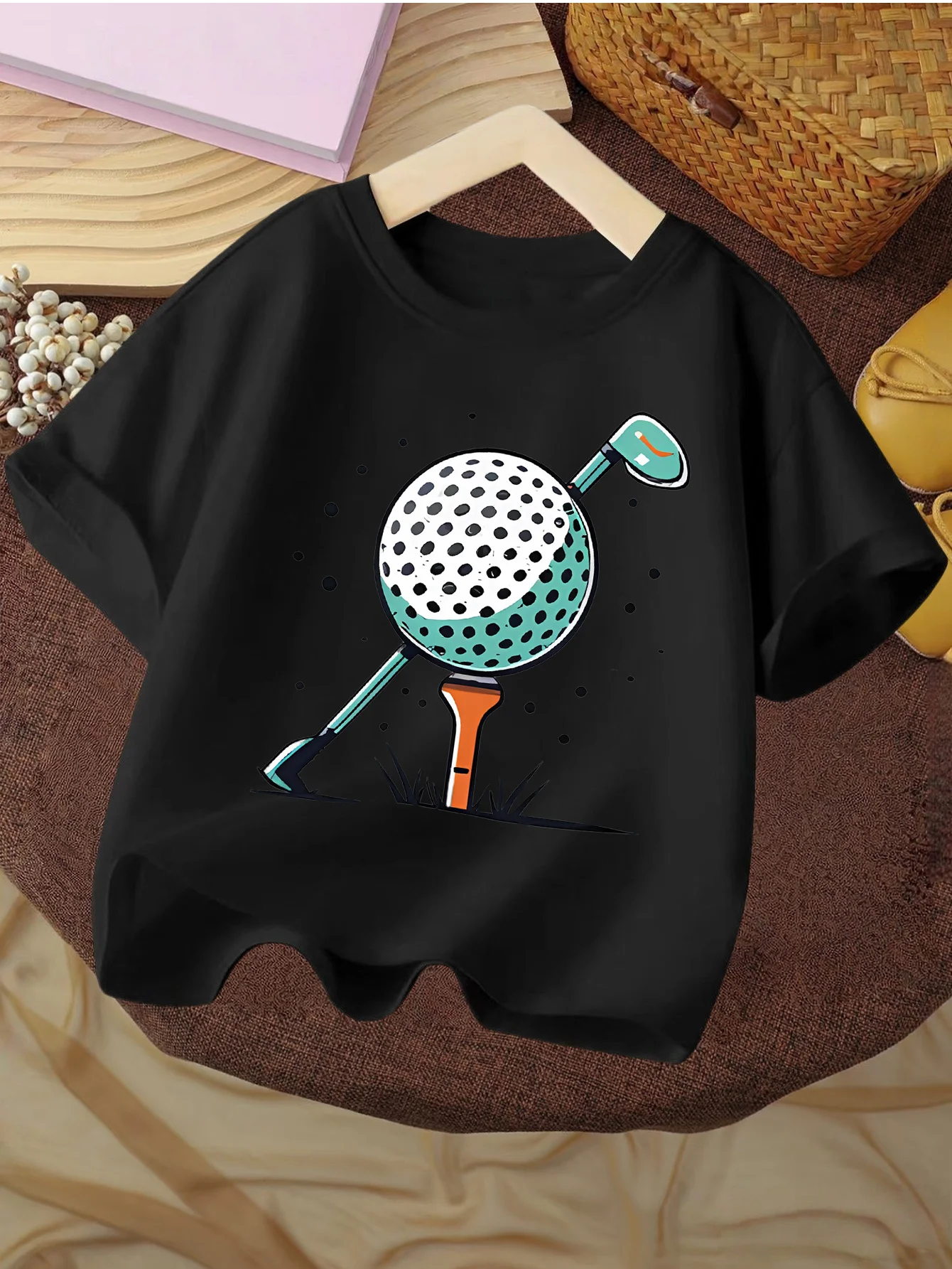 Kids T Shirt Cute Cartoon Golf Ball And Golf Club Sports Graphic Short Sleeve Cotton Tops For Boys Girls Daily Casual Outfit