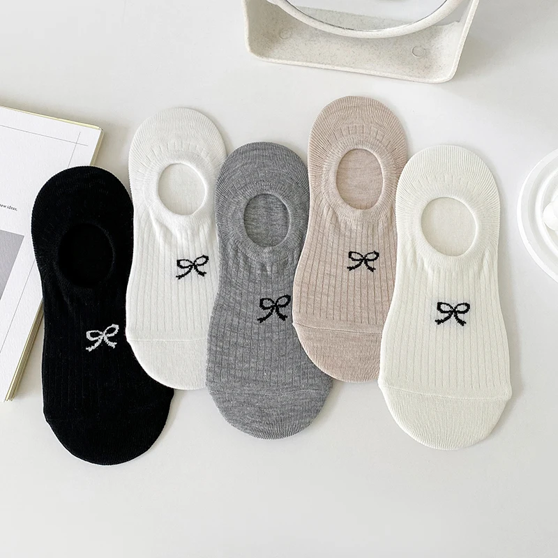 

5 Pairs Japanese Style Women Socks Summer Boat Socks Girls Bowknot Sweet Kawaii Cute Cotton Anti-slip Silicone Invisible Socks