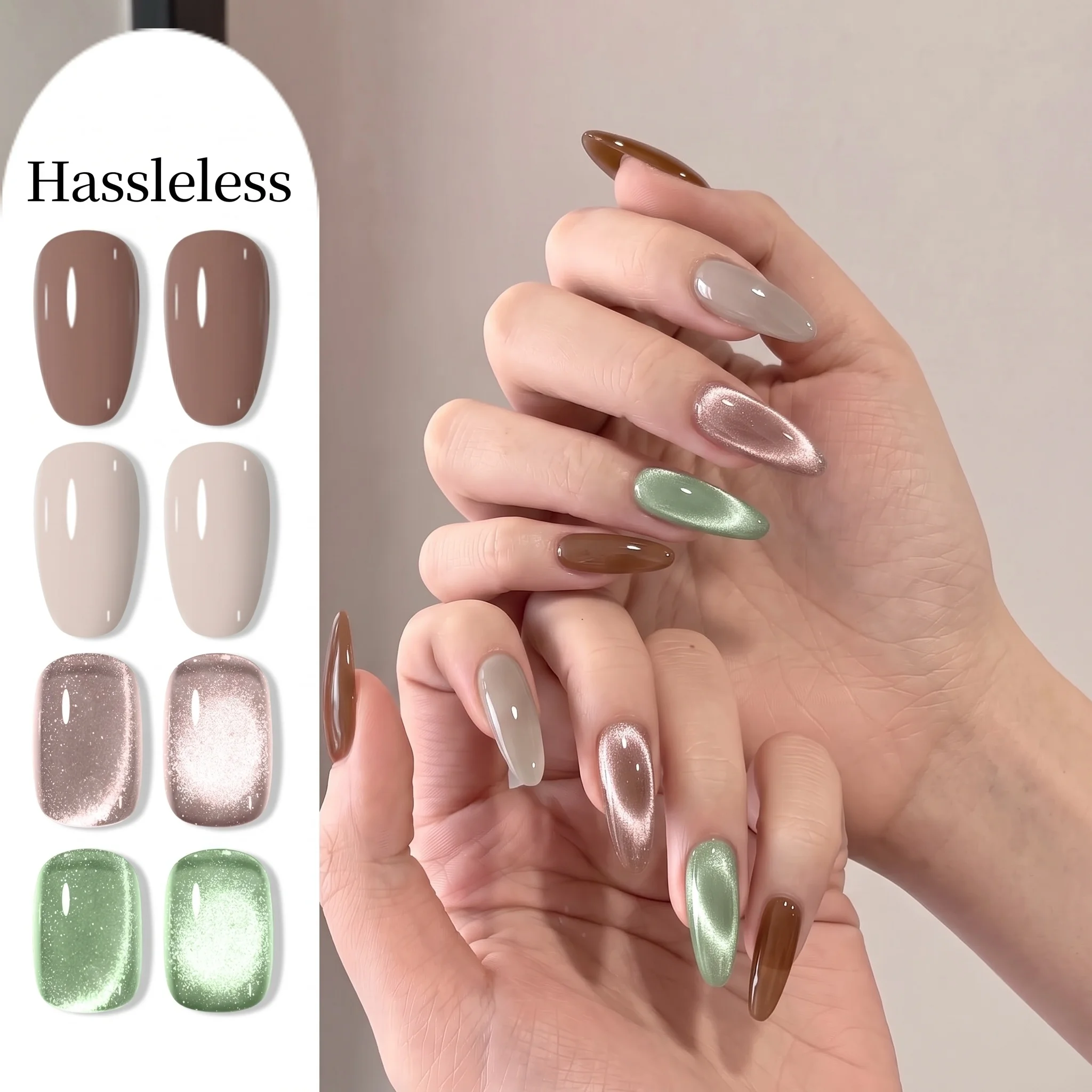 Hassleless 4Pcs Earthy Matcha Cat Eye Nail Polish Set, Chocolate Brown, Nude Beige, Nude Pink Cat Eye, Matcha Green Cat Eye, Low Saturation Morandi Tones, Cat Eye with a Translucent and Luminous Finish, Mix and Match C