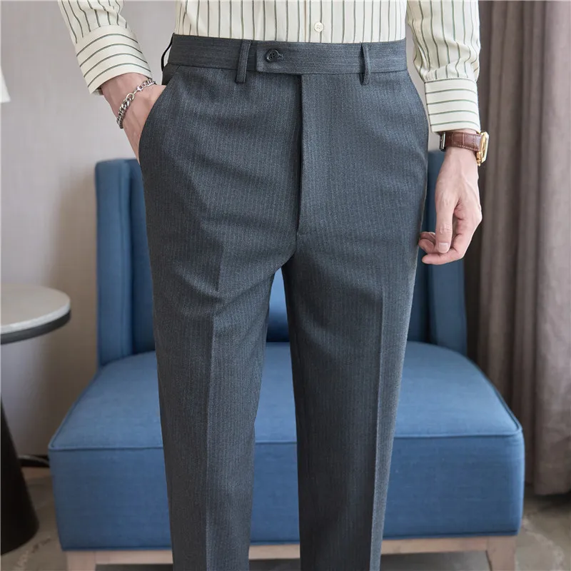 Men Pinstripe Suit Pants 2024 Autumn New Casual Straight Formal Dress Pants Elastic Slim Fit Trousers Wedding Party Men Clothing