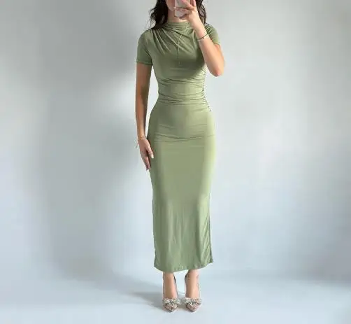 

Women's Dress Summer New Elegant Temperament Casual Style Solid Color Round Neck Pleated High Waist Design Hip Hugging Dress