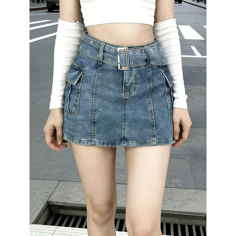 

PBAP Женские джинсовые шорты-карго с поясом, легкая стирка, большие карманы, высокая талия, тонкая мини-юбка трапециевидной формы, брюки 2-в-1, корейская летняя одежда