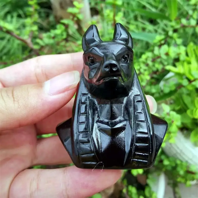 Natural Obsidian Anubis Quartz Hand Carved Crystals Stones Healing Polished Mineral Ornaments Home Decoration 1pcs