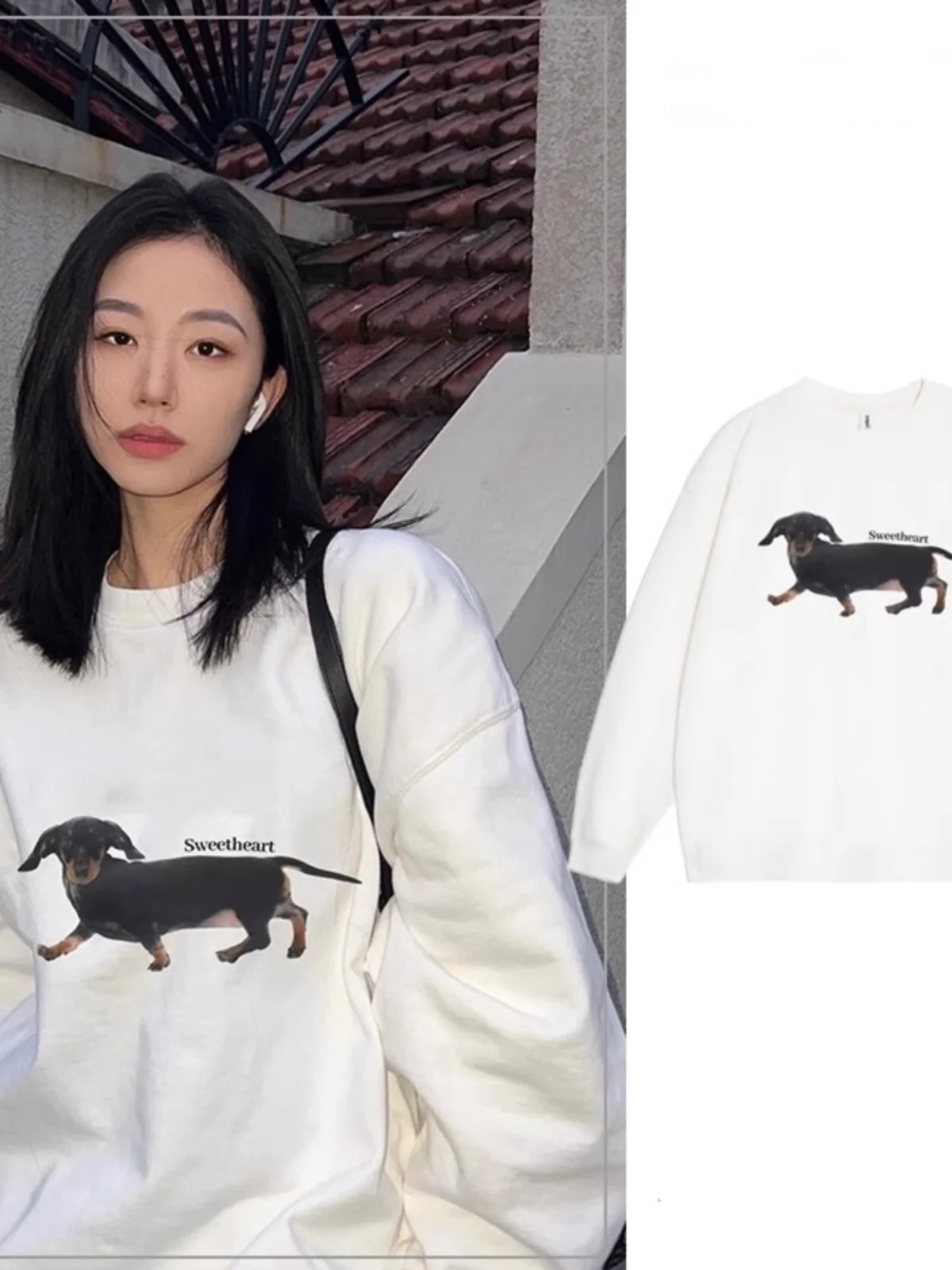White Fleece-lined Hoodie round Neck Long Sleeve Street Style Women's Sweatshirt EXJRjennie Sausage Dog Print Autumn Winter Top