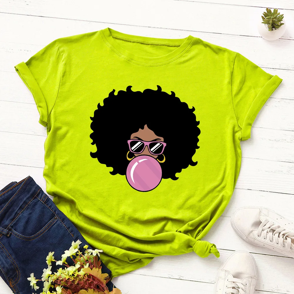 

Funny Melanin T Shirt Women Cute Bubble Gum Curly Hair Black Girl Print Tshirt Top Tee Summer Harajuku Ulzzang T-shirt