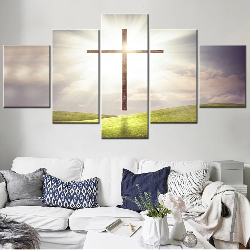 

Canvas Wall Art Poster Painting The Christian Cross Wallpaper Home Decoration Living Room Picture Bedroom Mural 5 Panels