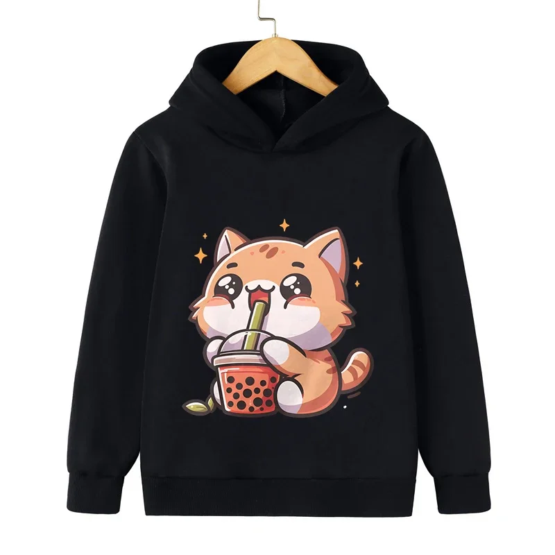 Children Clothing Ginger Cat Bobo Tea Sweatshirts Fashion Long Sleeve Boys Girls Animal Lovely Hoody Kids Kitten Milk Tea Hoodie