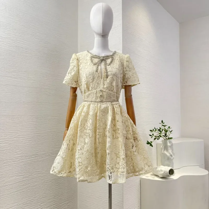 Women's White Lace Patchwork Short Sleeve Elegant Attractive Mini Dresses 2025 New Style for Party High Quality