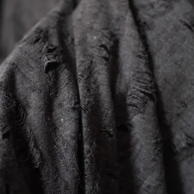Black Gray Cracked Distressed Knit Fabric Ripped Hole Textured Irregular Creative Art Recycled Designer Material Fabric