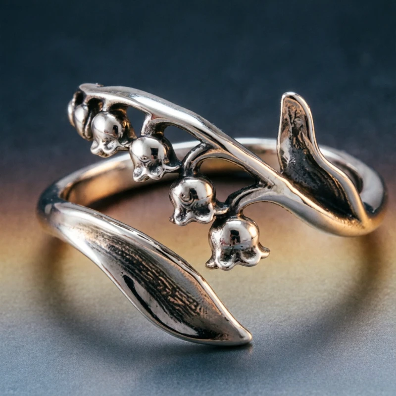 Vintage Eleganter Glockenförmiger Blumenring in Silberoptik, Handgefertigt, Offener Ring für Damen, Modisches Schickes Design, Jubiläums-Schmuckzubehör