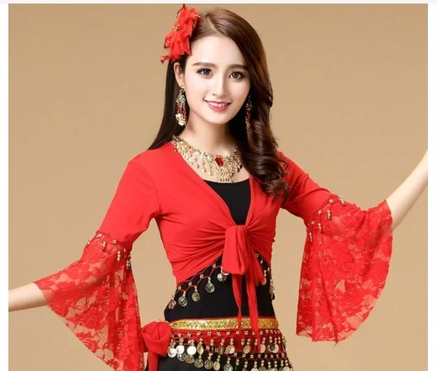 

1pcs/lot free sshipping Fashion Indian dance clothing trumpet sleeve Dance clothes belly dance top lace long-sleeve plus size