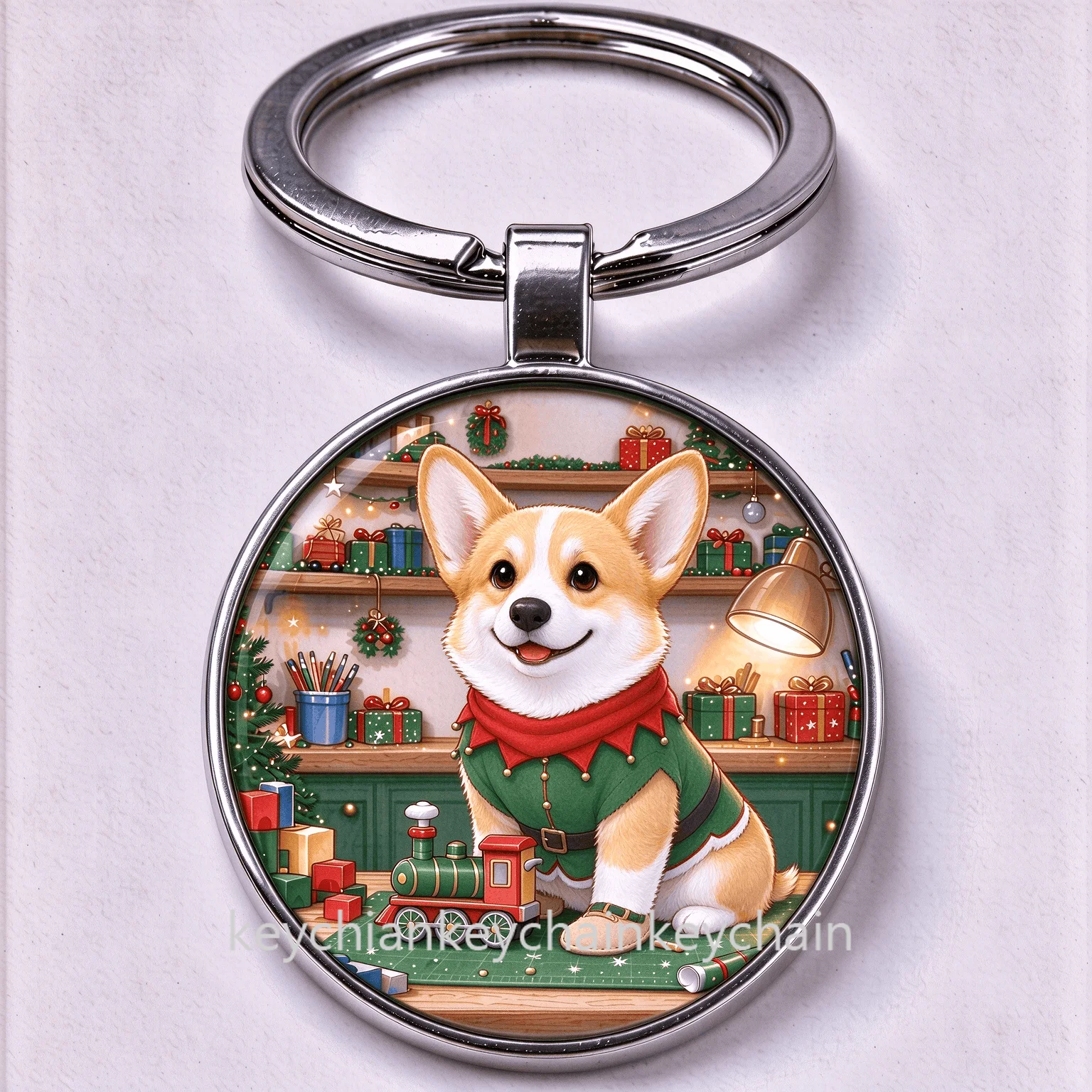 Christmas Corgi Dog Key Chain Round Keyring Cute Puppy Christmas Holiday Present for Pet Fans