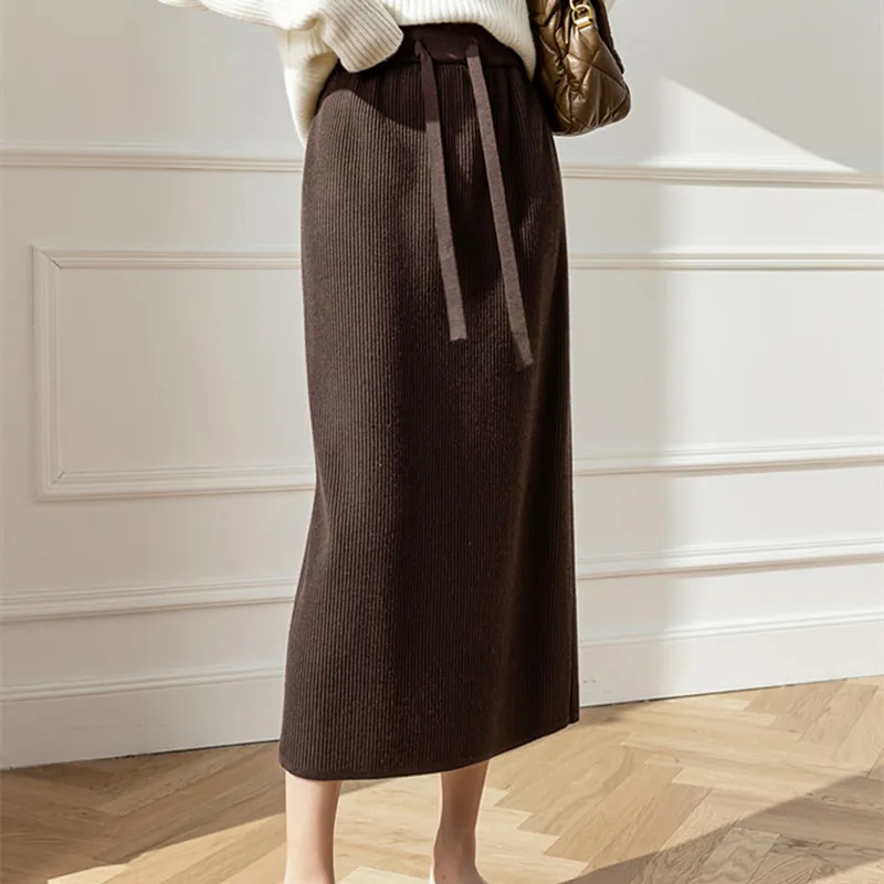 Outono inverno nova moda feminina cor sólida simples básico casual na moda cordão tornozelo comprimento saias de malha roupas femininas
