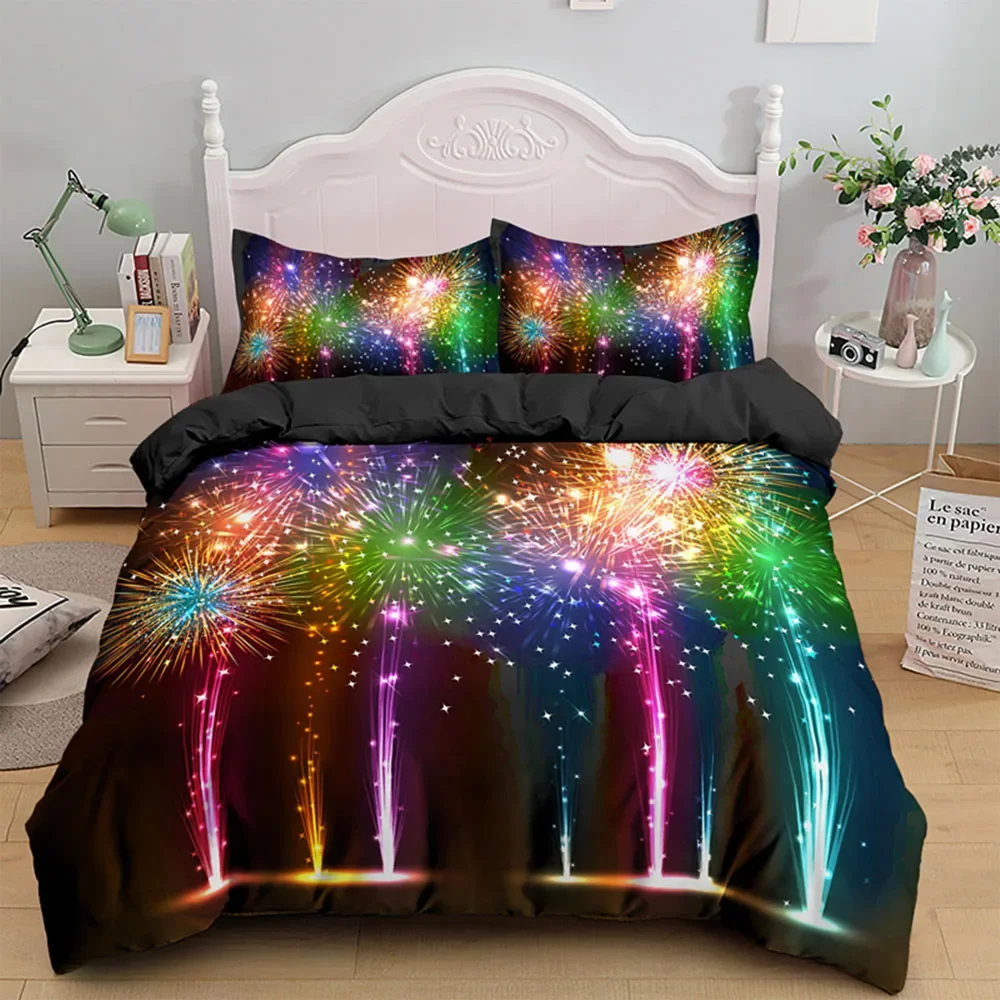 Fireworks Night Bedding Set Colorful Splendid Fireworks Blooming 2/3pcs Polyester Duvet Cover Shiny King Queen Size Quilt Cover