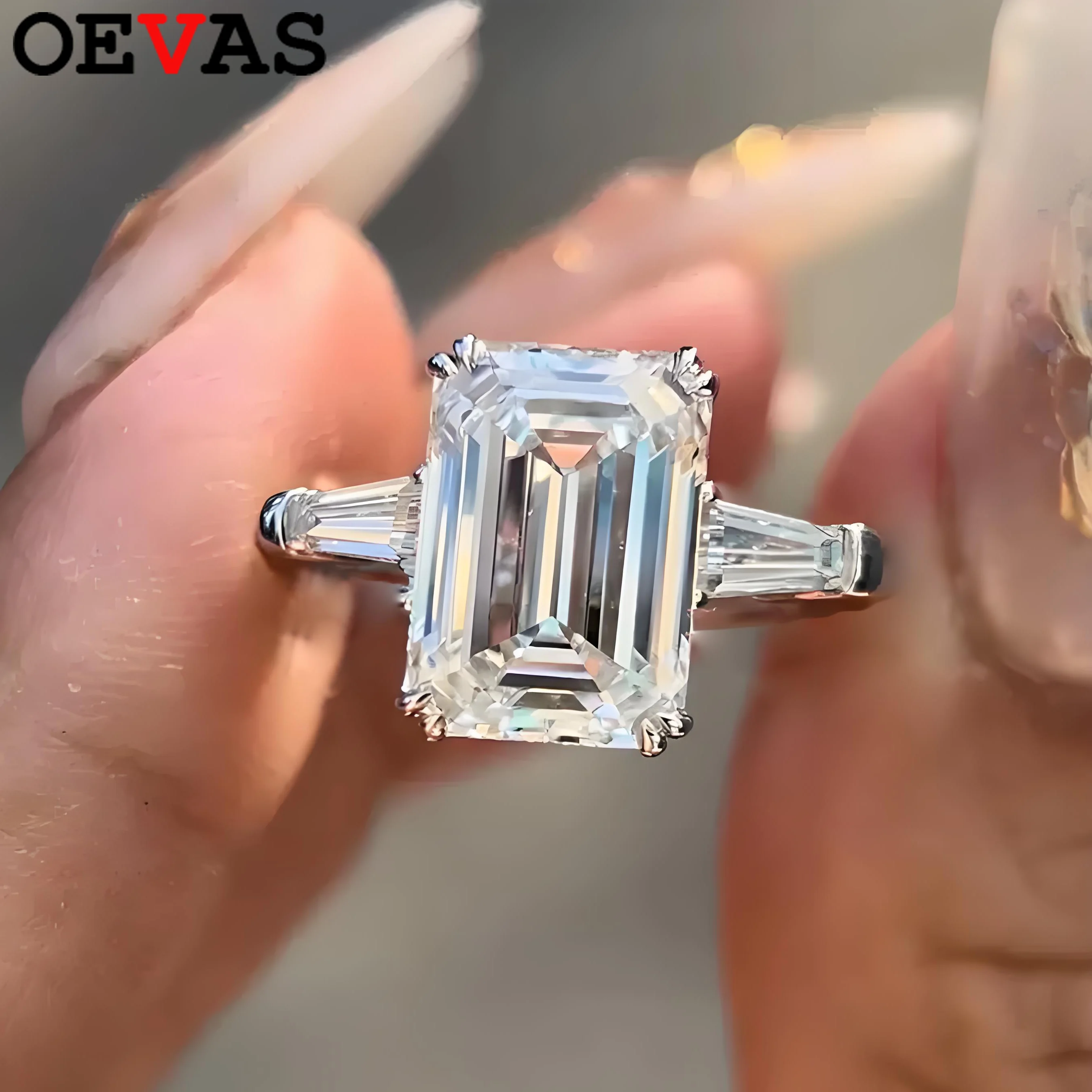 

OEVAS 9*13mm Emerald Cut Zircon Ring For Women 100% S925 Sparkling Wedding Engagement 3-stone Band Party Fine Jewelry