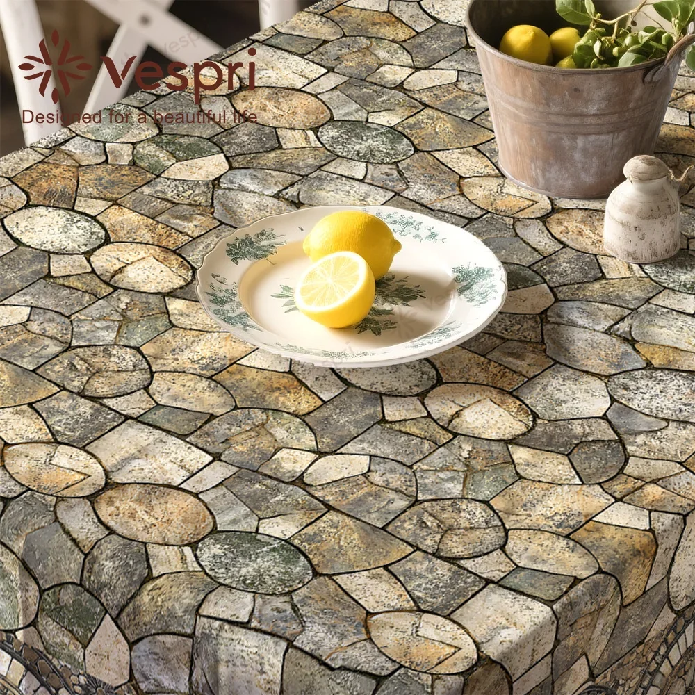 Vespri marble and wood-grain tablecloth, yellow and gray decorations, stone patterns and lacexzj