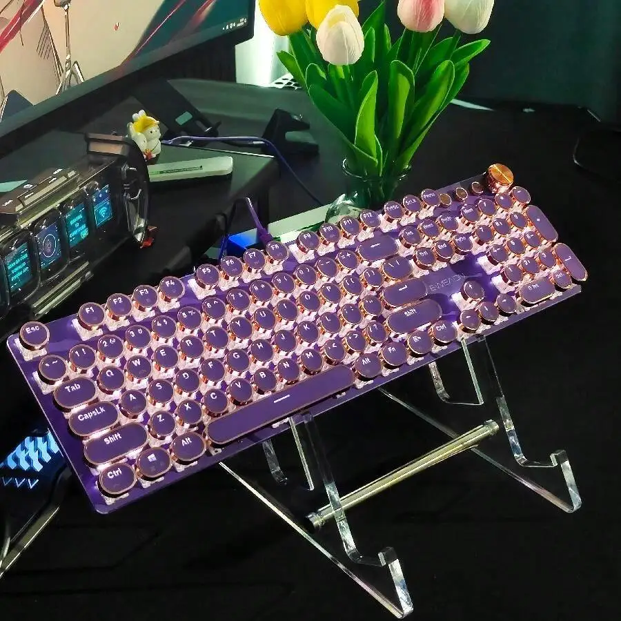 Mechanical gaming keyboard, wired design, purple retro typewriter style, portable office keyboard, full-size LED backlight