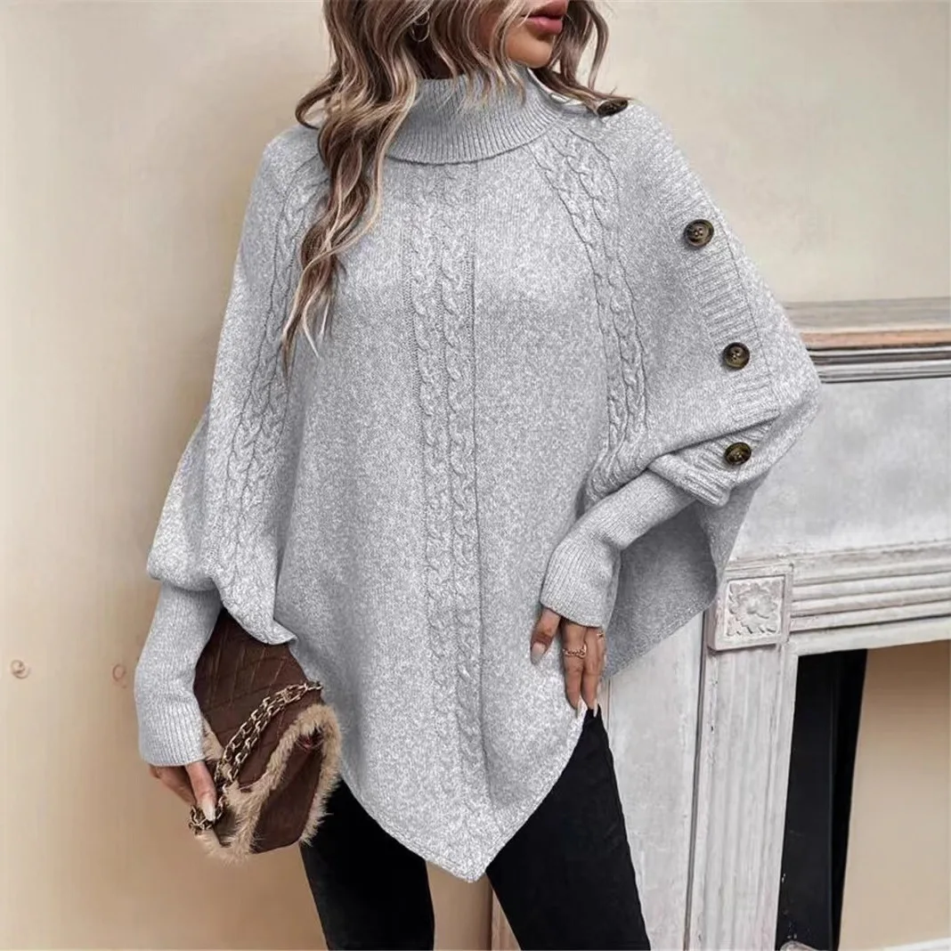

casual oversized turtleneck Solid irregular knitted sweater autumn winter button batwting sleeve Cape pullover sweaters women