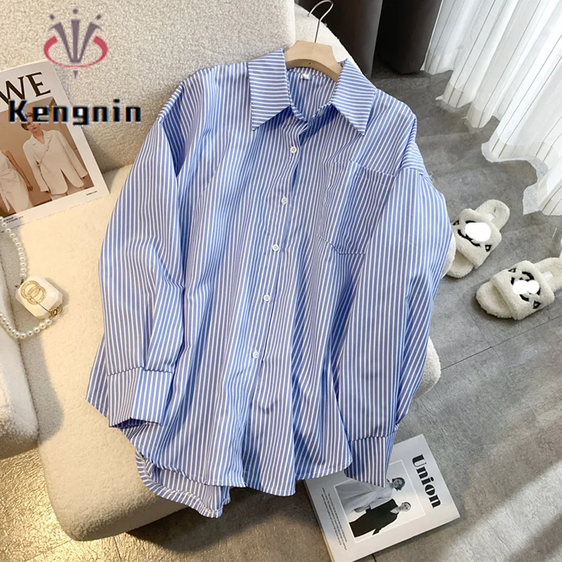 

Spring 2024 New Women's Shirts Off The Shoulder Lady Striped Blouse Loose Long Sleeve Female Tops Pockets Blue Clothes KN587