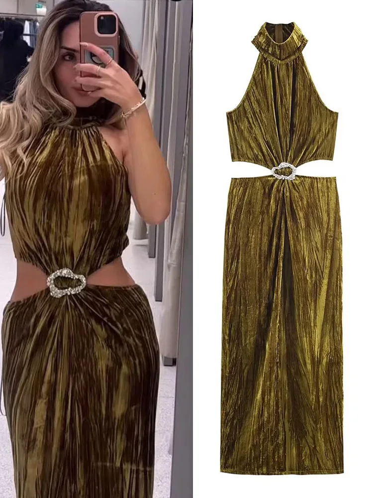 

HH женское морское курортное стильное бархатное текстурированное украшенное украшением открытое дизайнерское платье женское сексуальное длинное платье без рукавов с разрезом по подолу