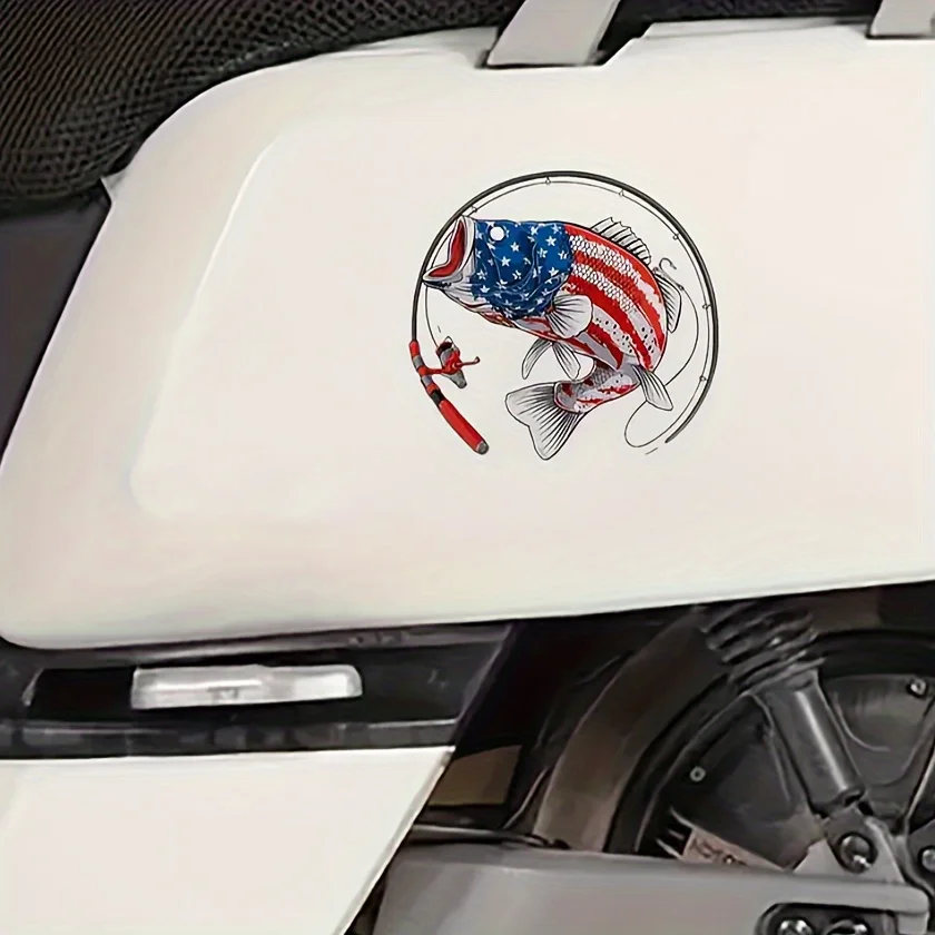 A Perfect Decal Sticker for Fishing Enthusiasts Featuring Elements of The American Flag And a Enormous Fish Catch