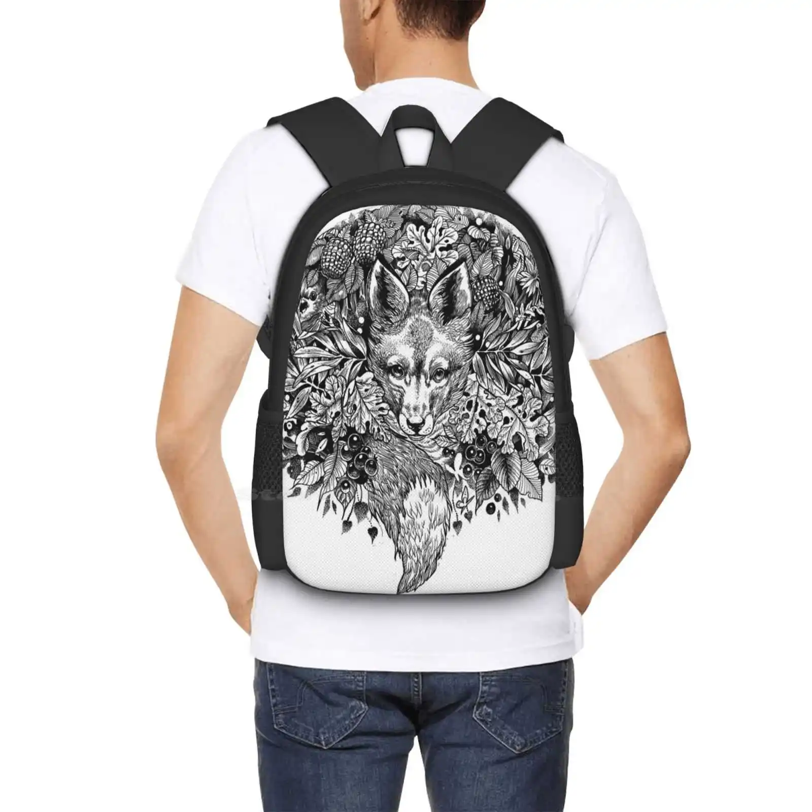 Mochila con diseño de zorro oculto, bolsa de moda con dibujo de tinta de hojas y hojas, bonito trabajo de línea de follaje natural, color blanco y negro, gran oferta