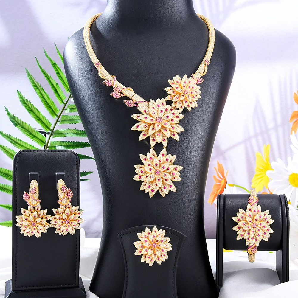 Missvikki High Quality Luxury 4PCS BIG Bloom Jewelry Sets Dubai Style Big Necklace Bangle Earrings Ring Jewelry Set Charm Female