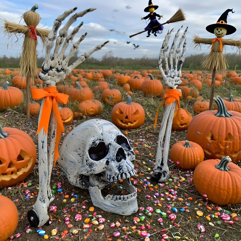 Halloween Plastic Skeleton Decor Set with Skull Head / Skull Head Plus Hands Design, Art Deco Freestanding Skull Ground Inserts