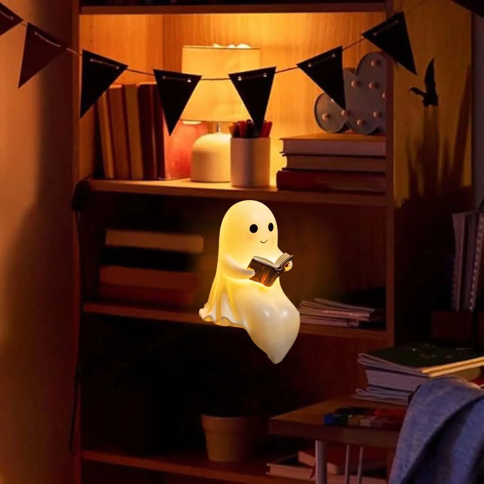Ghost Reading Book Light Cute Ghost Night Light Halloween Resin Figurine Decoration for Bedroom Study Bedside Bookshelf Kid's