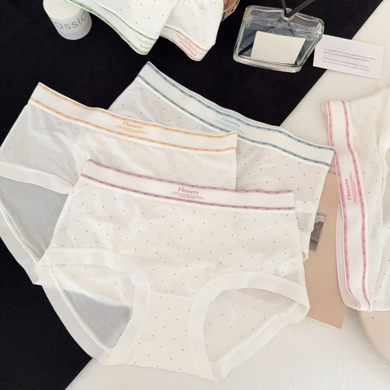 Women's Sweet Wave Dot Thin Super Soft Underwear Women's Mid-Waist 10A Bacteriostatic Crotch Bag Hip Naked Ice Silk Briefs