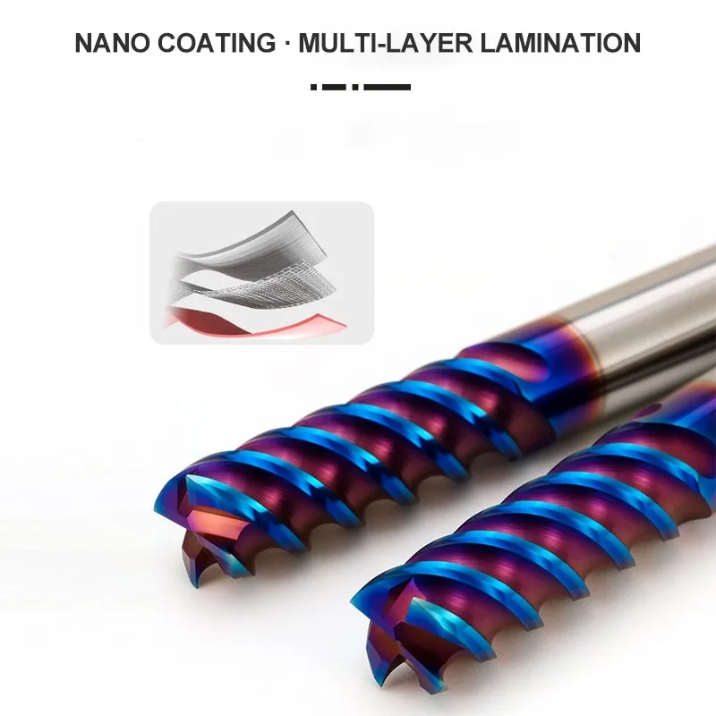 SHAZAM Hartmetall-Wolframstahl-Flachfräser mit blauer Nano-Beschichtung, HRC75, 4-Schneiden, CNC-Maschinen, Spezialfräser für Edelstahl – Detail 5