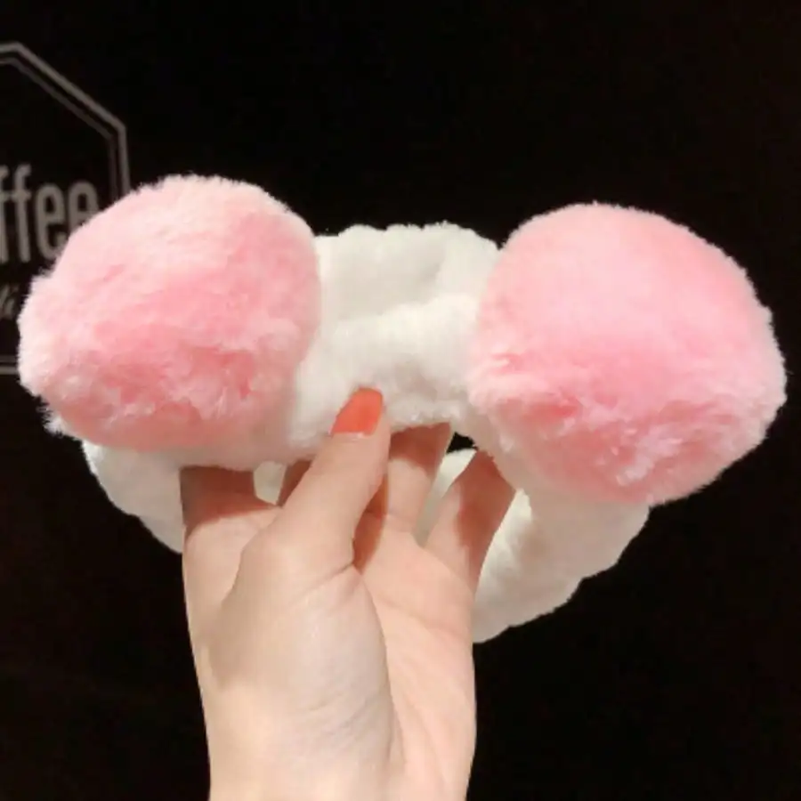 

1PC Women Pom Pom Headband Plush Pink White Face Washing Hair Band Fashion Accessory