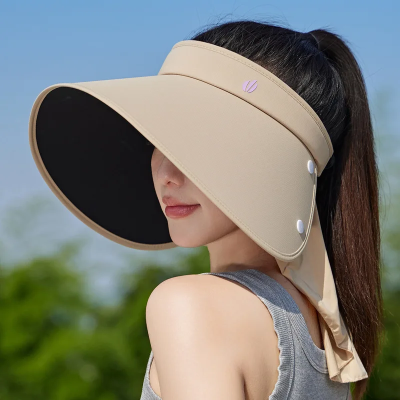 Upgrade Large Women UPF50+ UV Block Sun Hat Wide Brim Empty Top Visor With Neck Flap Black Vinyl Summer Outdoor Face Cover Cap