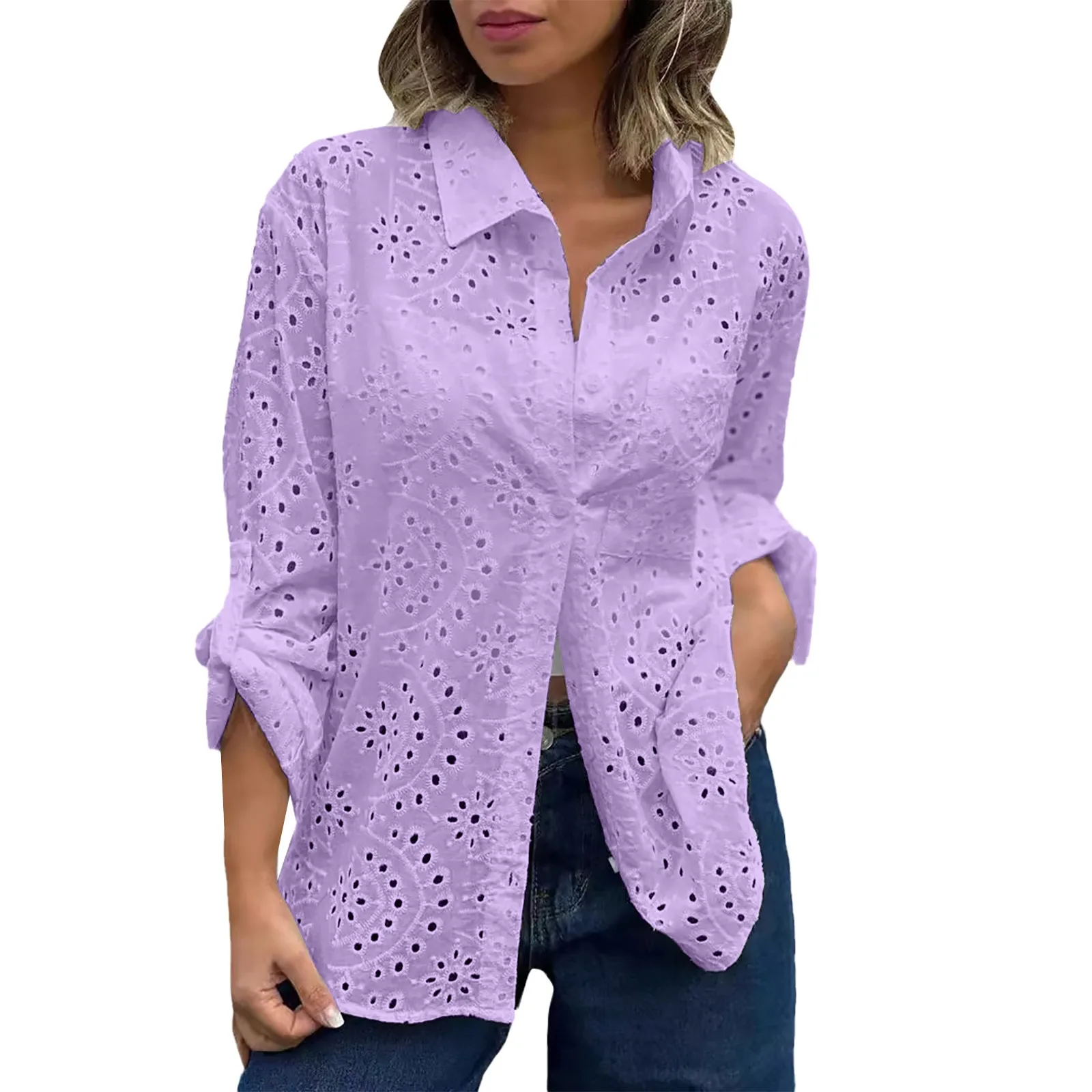 Women\'s Spring And Summer Solid Color Shirt Collar Loose Embroidered Hollow Large Size Shirt Top Teacher Shirts for Women