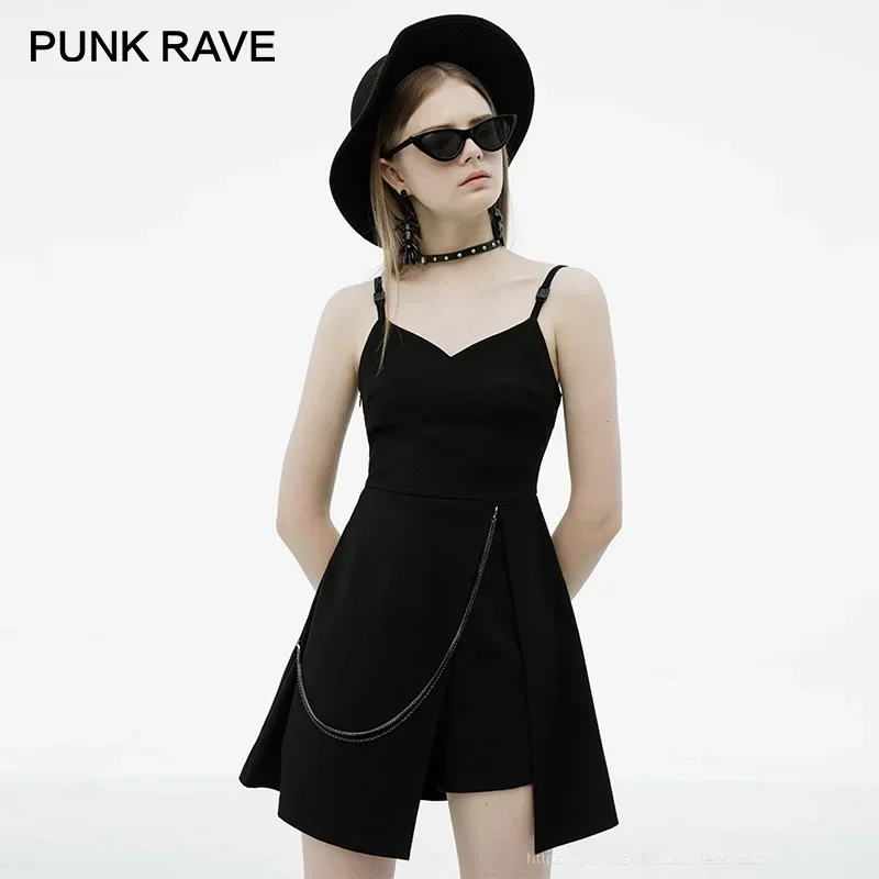 

PUNK RAVE Women's Punk Handsome Sexy 2 Pieces Suit Slip A-LINE Dress V Neck Removable Shorts Novelty Set Girl Black