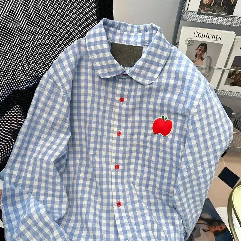 High Quality Cotton Cardigan Plaid Shirts Apple Embroidery Korean Loose Casual Shirt Women Preppy Style Shirt Autumn Coat Tops