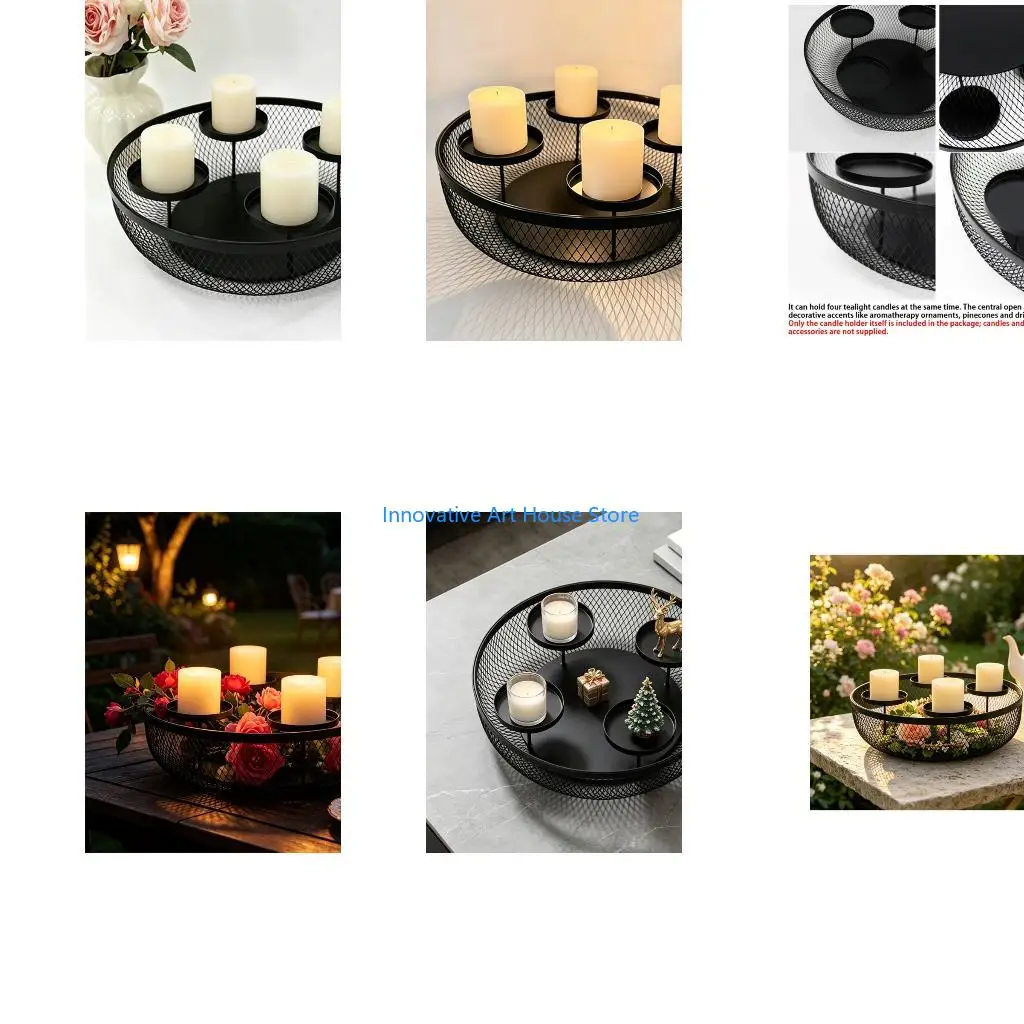 E1PC European Four-Candle Stand with Staggered Round Trays, Iron Openwork Surround, and a Wide Base for a Single Coordinated