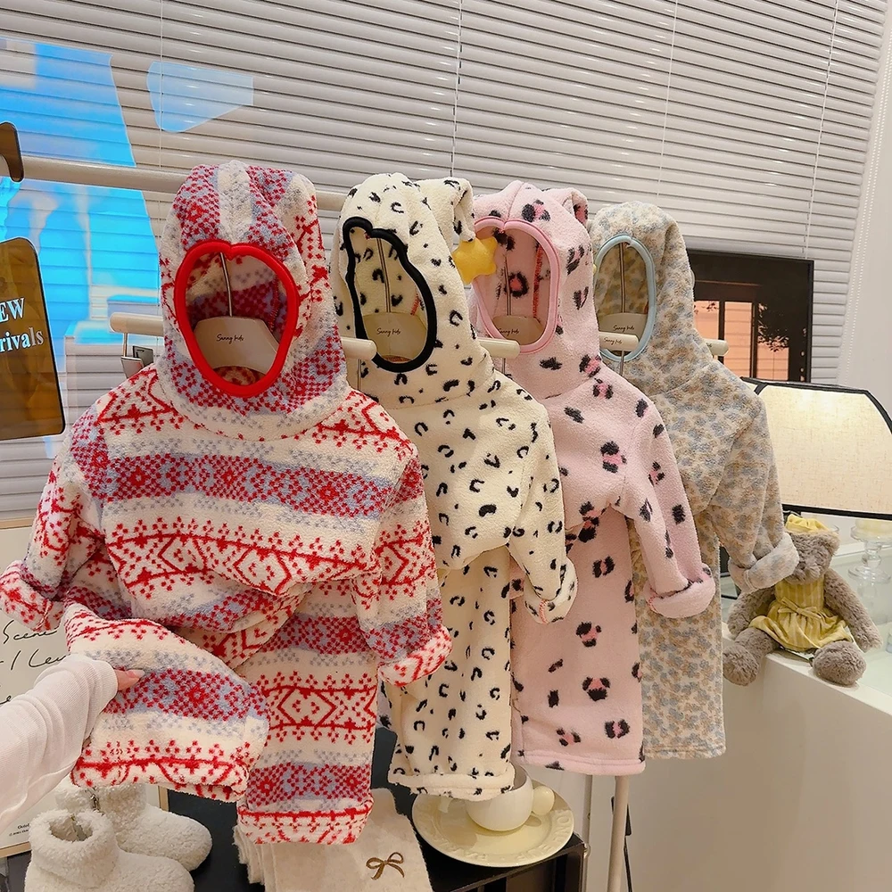 MILANCEL Children's Pajamas 1-9T Kids Pajamas Winter Fleece Lining Pajamas for Girls Leopard Print Floral Boys Homewear Set
