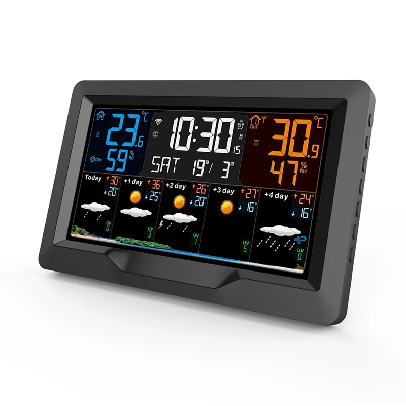 AA08-Tuya WIFI Smart Weather Station Temperature Humidity Meter Weather Forecast Indoor Outdoor Weather Alarm Clock EU Plug